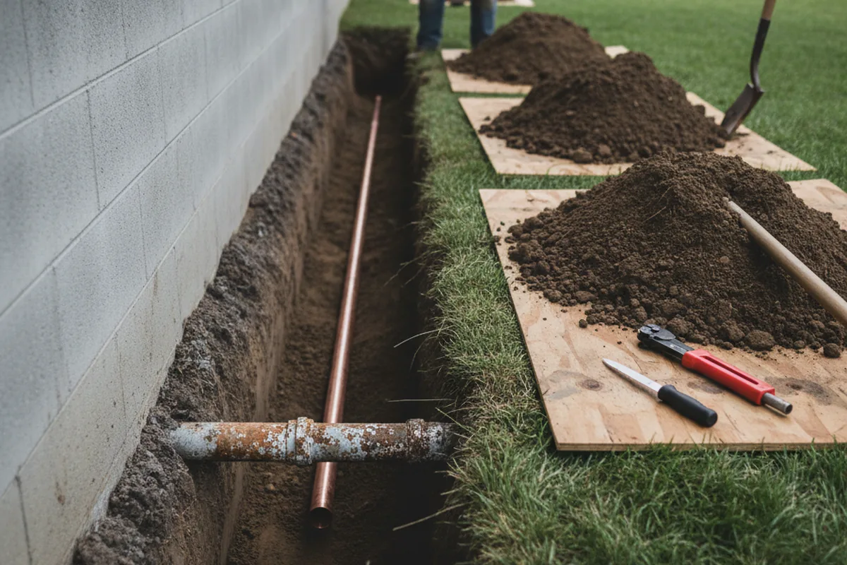 Excavated water line trench during Water Softener Installation in Linwood